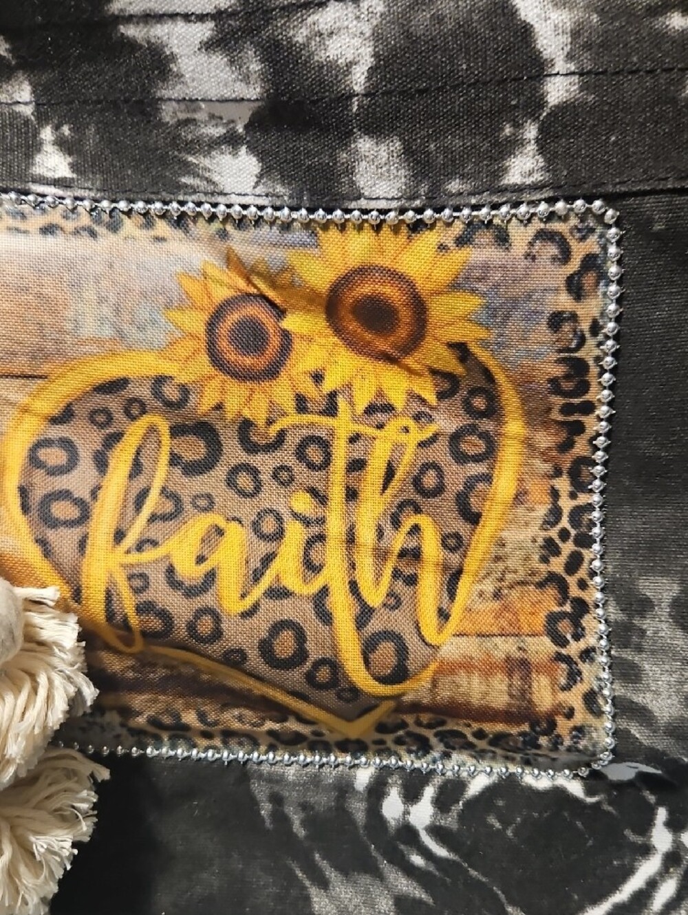 Hand Crafted Black Tie-Dye Tote with Sunflower 'Faith' Patch - Picture 2 of 3